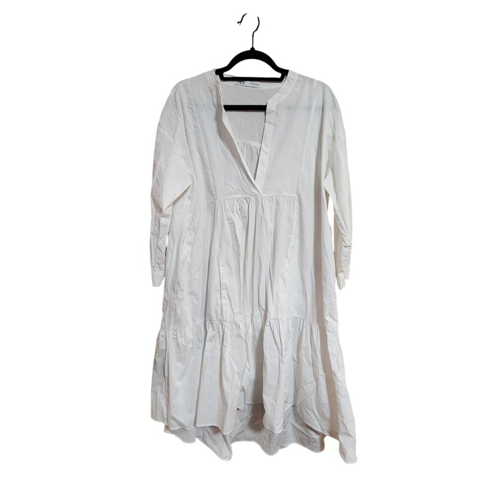 Zara Oversized White Poplin Tiered Midi Blogger Fave Dress XS NWOT